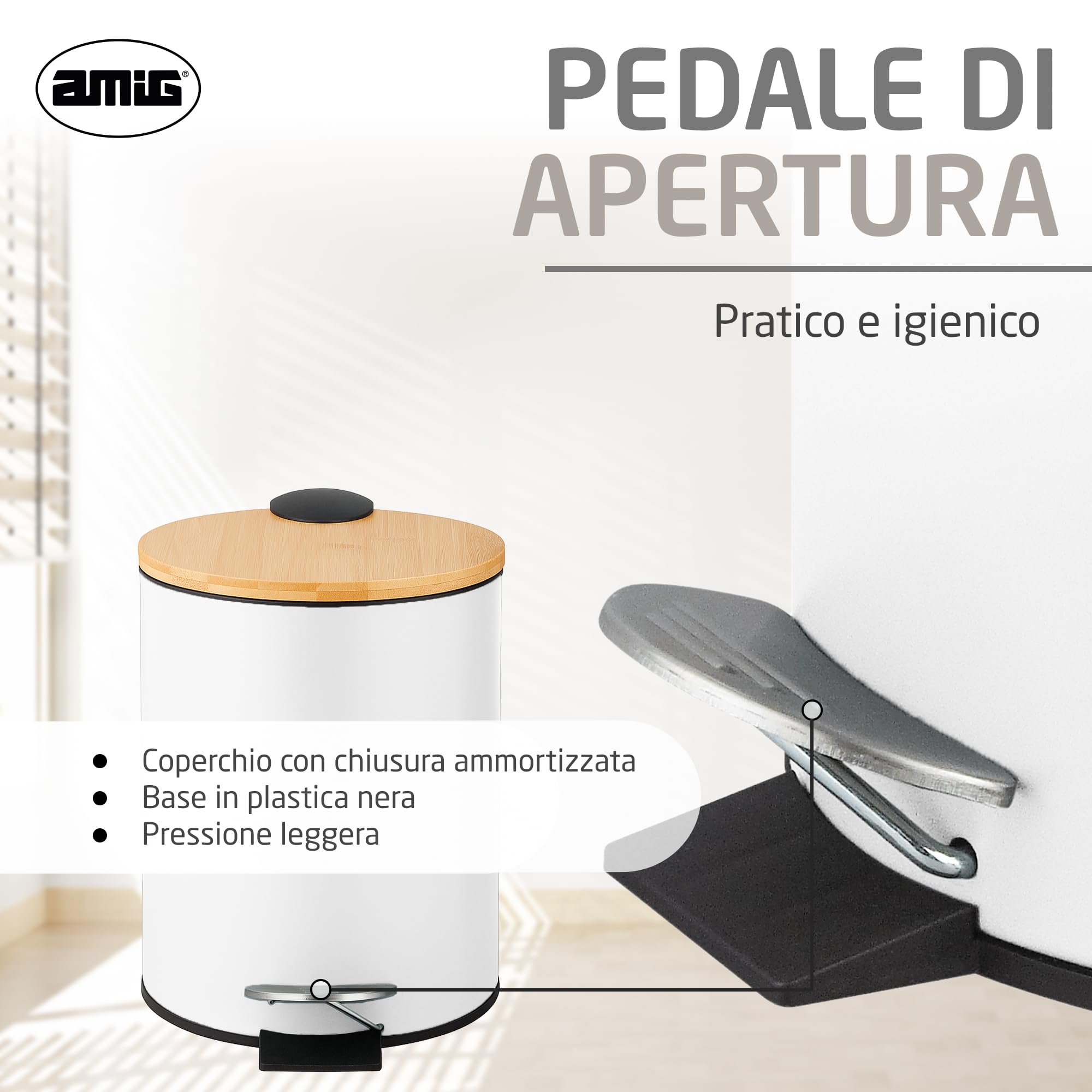 Amig Pattumiera da bagno con pedale 5 litri Naturline bianco bambù acciaio inox laccato 20x26 cm