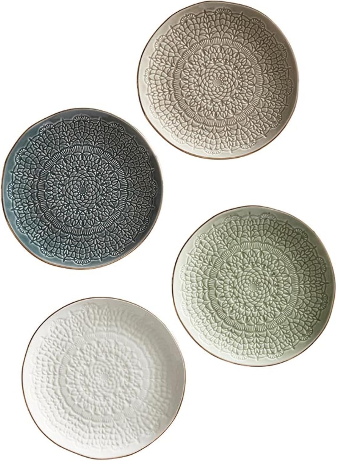 Santa Barbara Design Studio 4-Piece Appetizer Plates Set Gold Rim Stamped Ceramic Dessert Plates, 6" Diameter, Taupe/Grey/Ivory/Moss