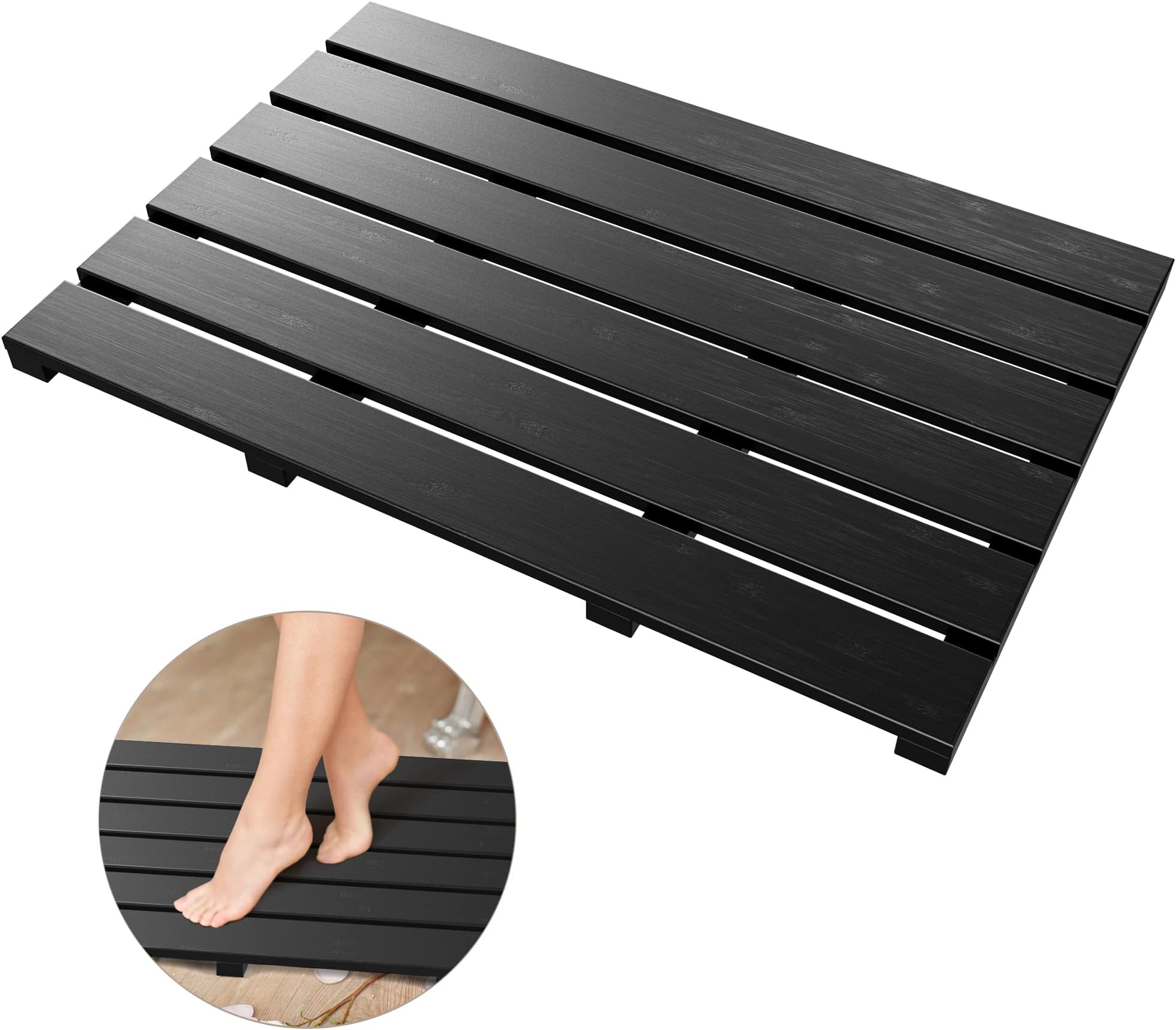 Bath Mat for Bathroom Luxury Shower - Non-Slip Bamboo Wooden Waterproof Floor Mat for Indoor or Outdoor Use (Black)