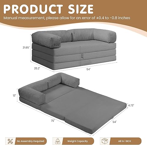 Miniatura 2 de Convertible Sofa Bed Full,5-in-1 Folding Boneless Couch Corduroy Futon Sofa Bed,Tri-Fold Mattress with Removable Armrests & Handle,Sleeper with Pull