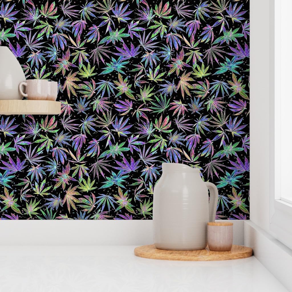 Peel & Stick Wallpaper 3ft x 2ft - Neon Pot Party Cannabis Marijuana 420 Weed Grass Rainbow Custom Removable Wallpaper by Spoonflower