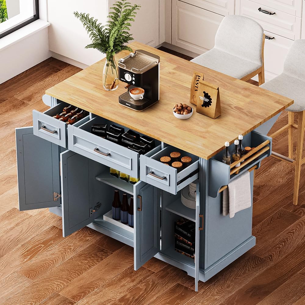 54'' Large Kitchen Island with Rubber Wood Drop Leaf, Rolling Kitchen Island on Wheels with 4 Doors and 3 Drawers, Kitchen Cart with Storage for Dining Room (Grey Blue)