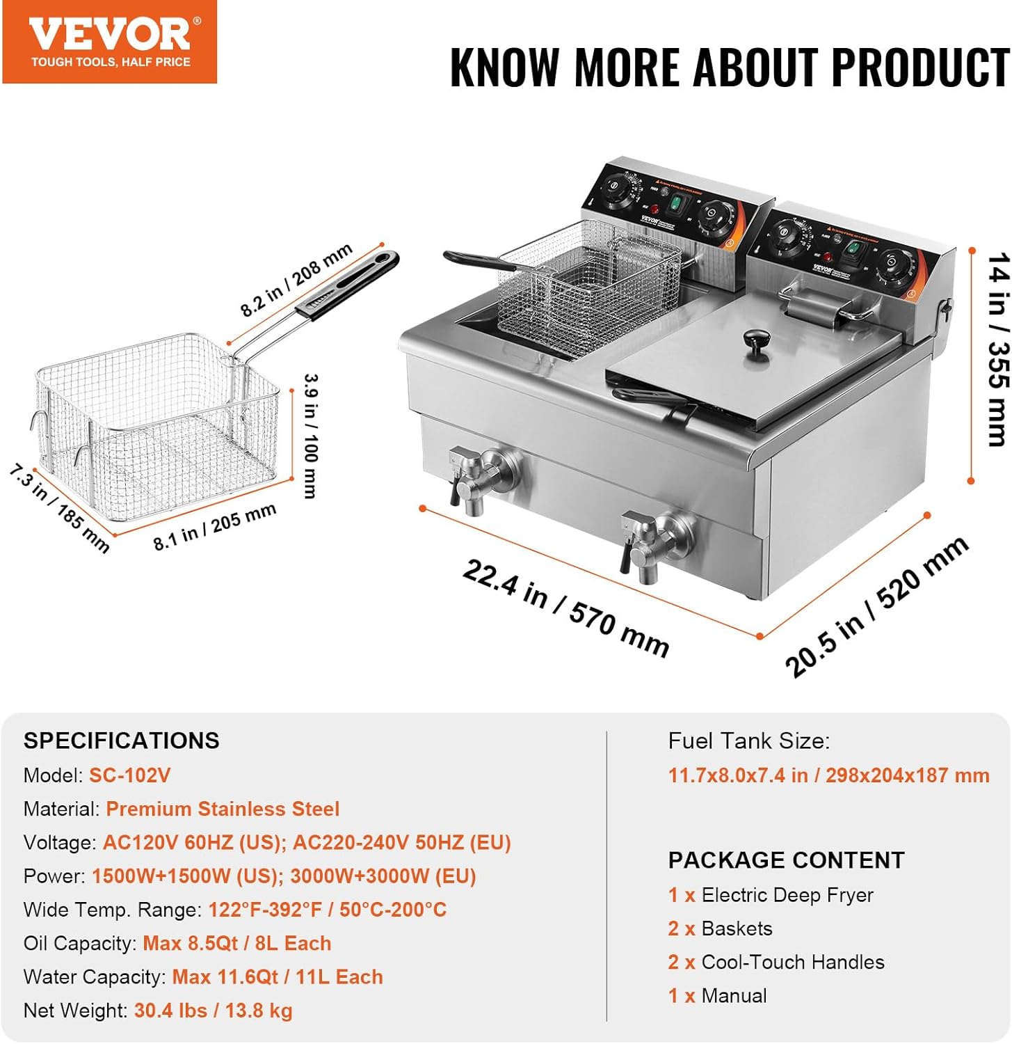 VEVOR Commercial Deep Fryer, Dual Tank 3000W Electric Countertop Fryer with Basket, 2 x 11.6Qt/11L Double Stainless Steel Oil Fryer with Drain, Time & Temp Control, for Kitchen Restaurant Use