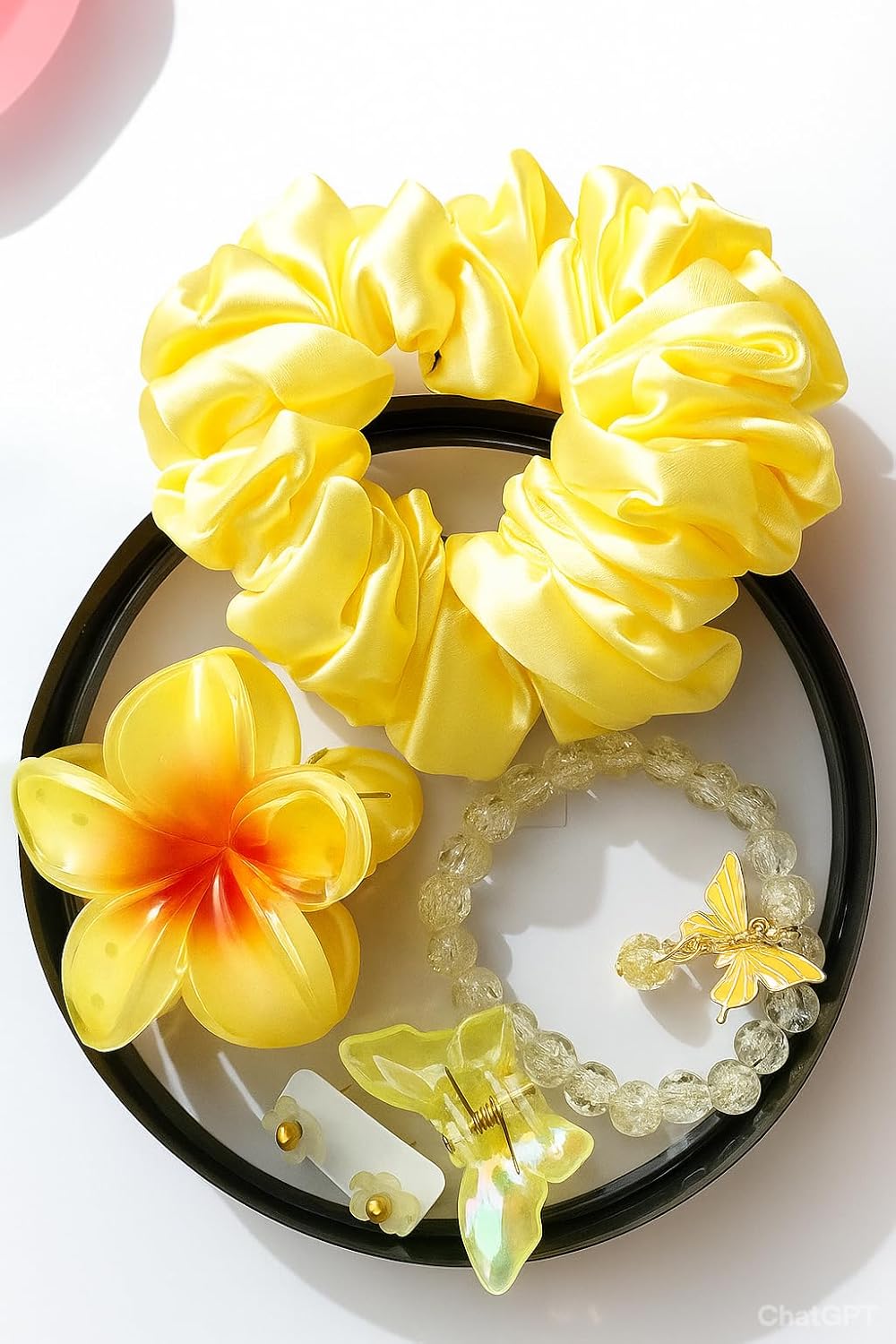Women’s Yellow Hair Accessories Set (pack of 5) Satin Scrunchies, Flower Hair Clip, Butterfly Claw Clip, Crystal Bead Bracelet & Earrings | Stylish Hair Ties & Jewelry Combo Gift for Girls & Women