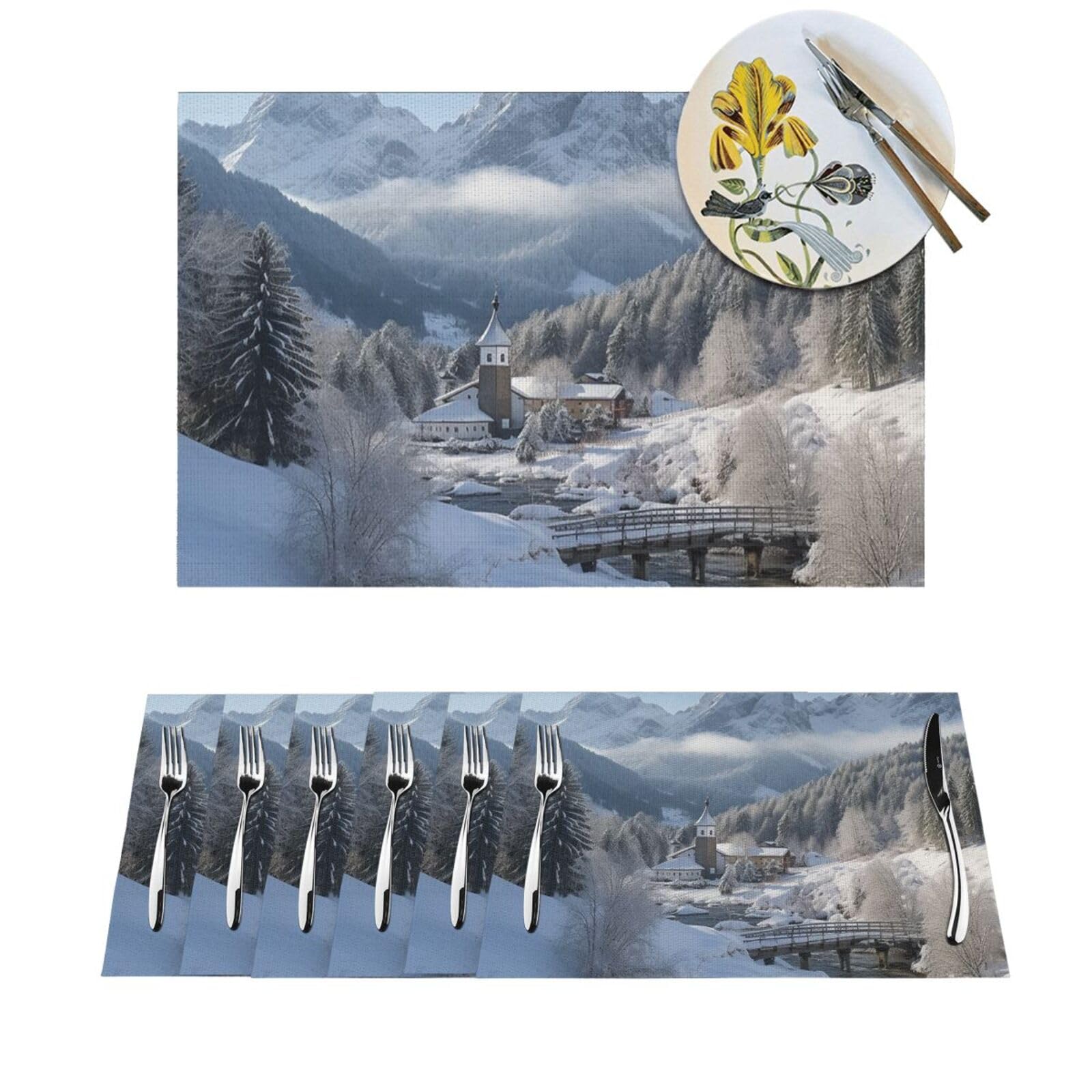 Sets de table antidérapants et lavables motif paysage d'hiver