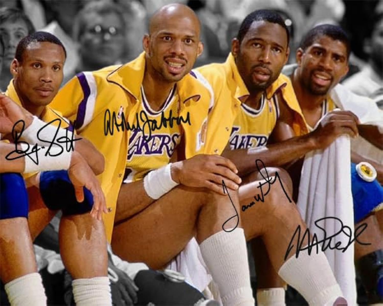 Ikonic Fotohaus Magic Johnson Kareem Abdul Jabbar James Worthy Byron Scott Signed Photo Autograph Print Wall Art Home Decor
