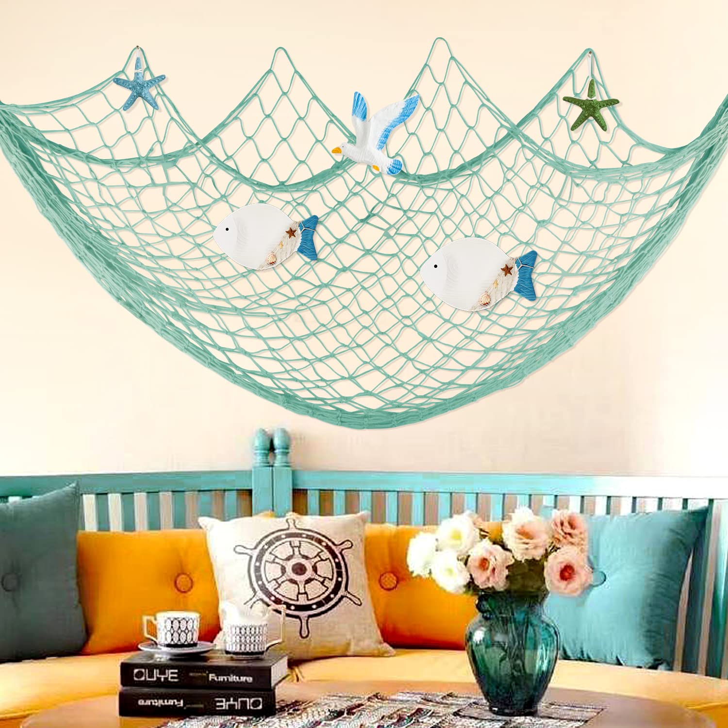 Filet De Pêche Décoratif 200x150 Cm Bleu Océan + 9 Coquillages – Style Méditerranéen, Idéal Pour Décoration Murale Plage, Maison, Mariage, Restaurant, Thème Marin