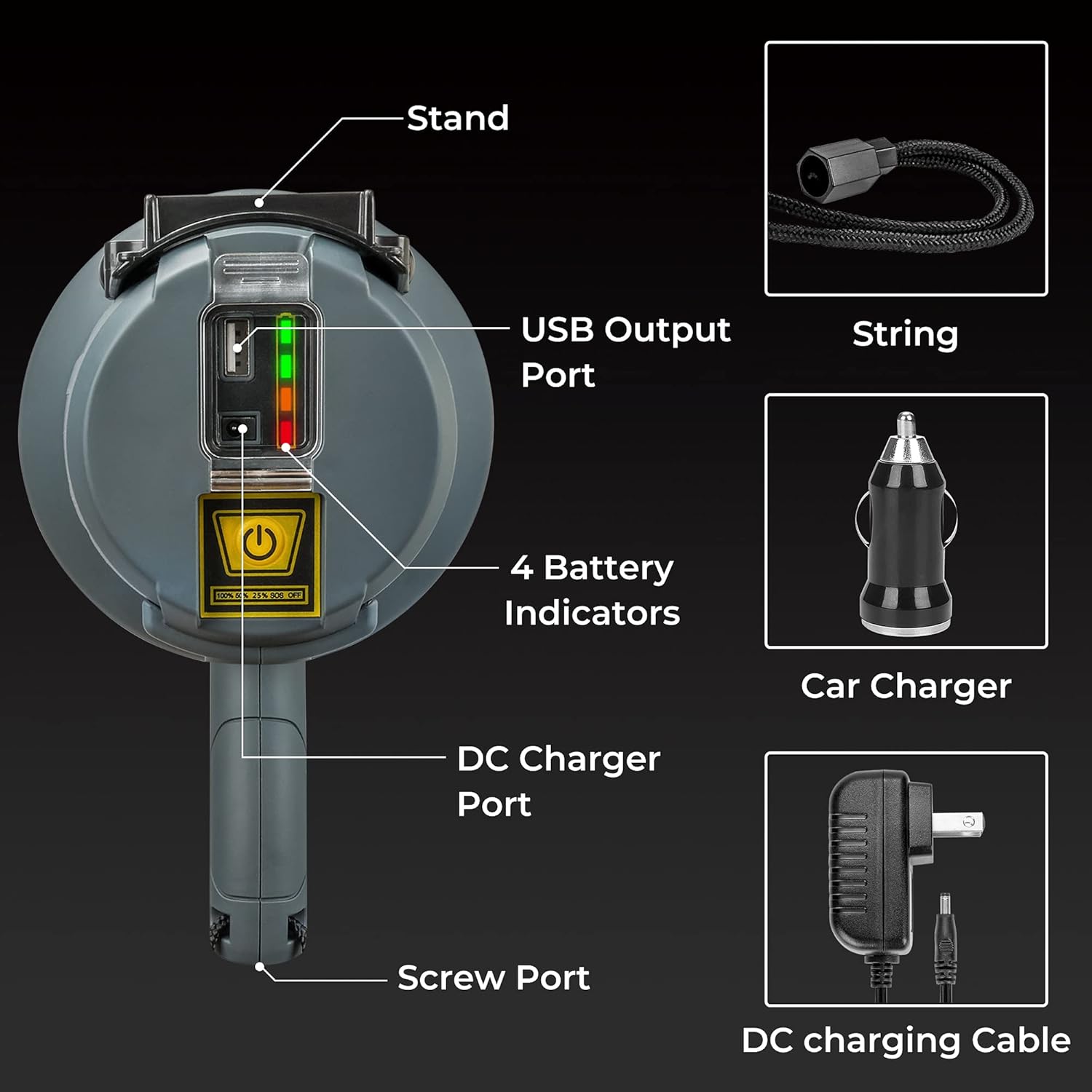 Rechargeable Spotlight, 8000Lumens LED Spotlight Flashlight 4 Modes Bright Handheld Large Flashlight with USB Adapter Car Charger IP66 Waterproof Searchlight for Camping Outdoor Emergency : Tools & Home Improvement