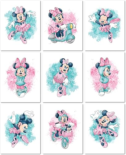 Nistio Impresiones de pared de Minnie Mouse, arte de pared de Minnie Mouse para niñas, decoración de pared de Minnie Mouse, juego de 9, 8 x 10