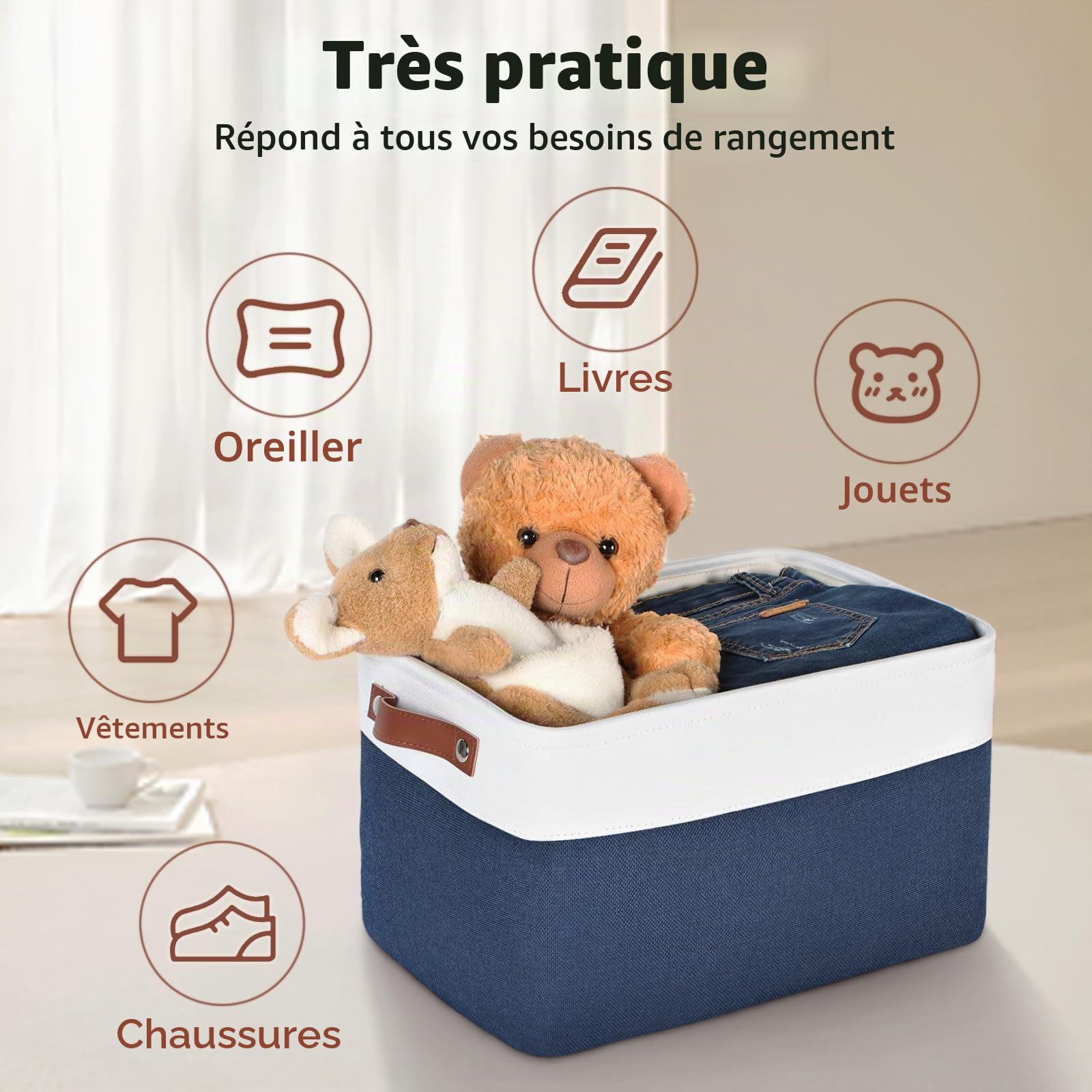 Univivi Lot de 4 paniers de rangement rectangulaires en tissu pour étagères, paniers pliables pour le rangement avec fond rigide, boîtes de rangement pour étagères, jouets, bureau,Bleu marine