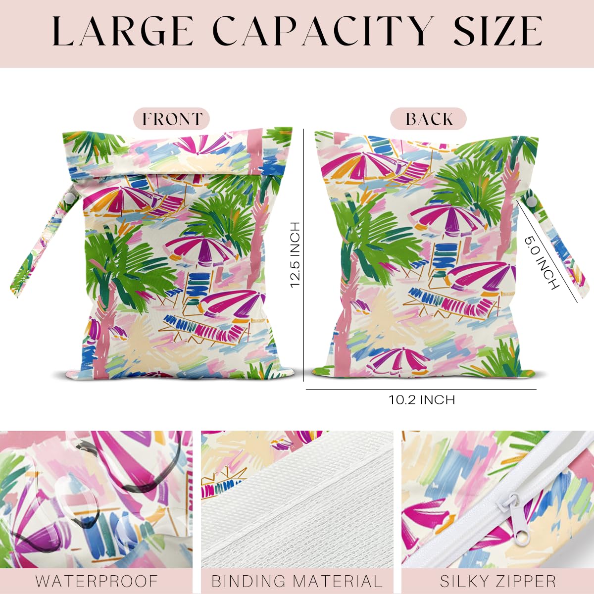 Wet Bag, Wet Dry Bag, Waterproof Swim Bags, Machine Washable Reusable Bags for Beach, Pool, Diapers, and Dirty Yoga Gym Clothes(Tropical Palm Tree & Beach Umbrella Pattern - 3