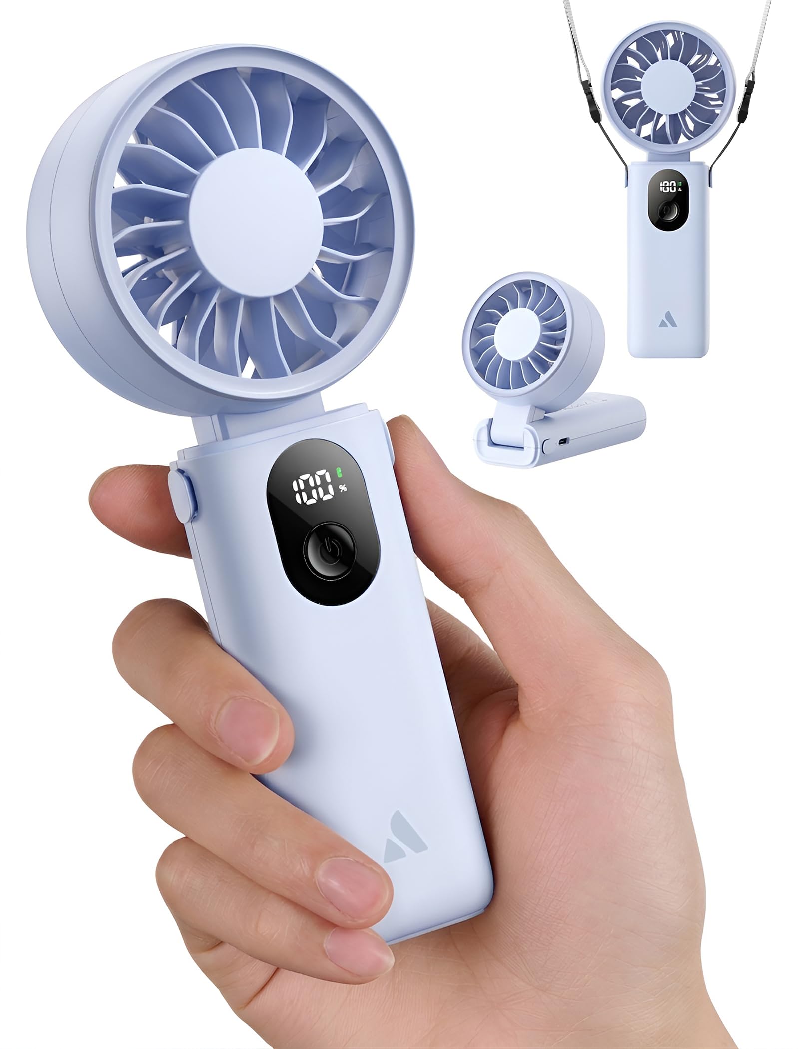 Aecooly Mighty Handheld Portable Fan,USB Rechargeable Mini Personal,5 Speeds Wind,20H Max Cooling,3 Flexible Modes Foldable Fan with Battery Level LED Display, Travel Essentials,Gifts for Women-Blue