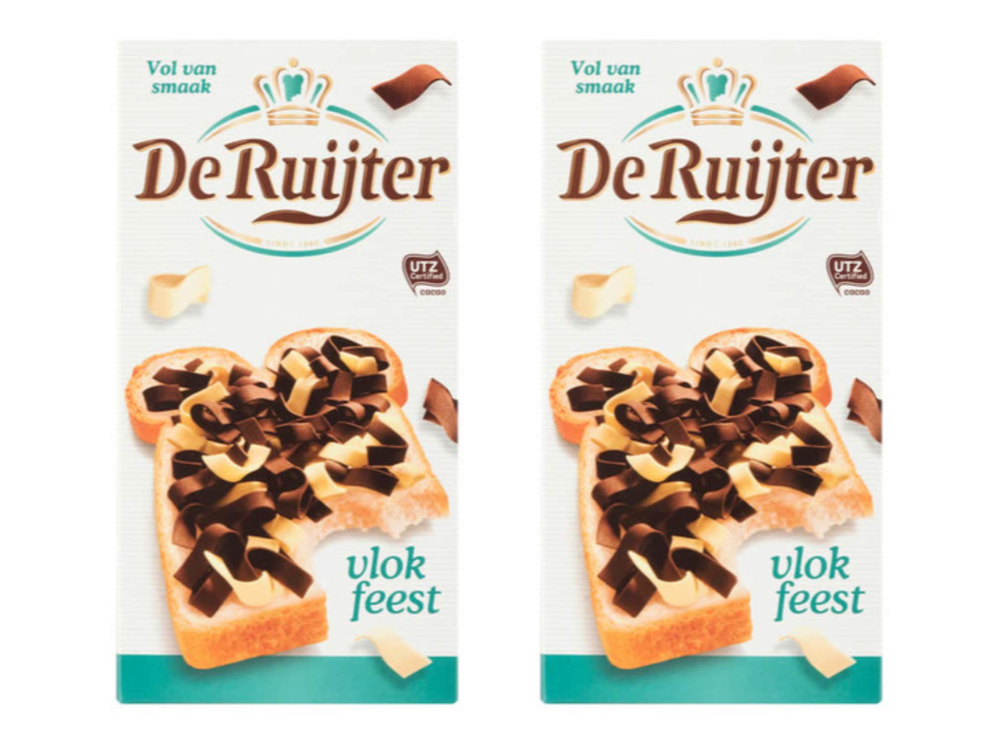 De Ruijter Dutch Chocolate Flakes, Milk & White, Vlokfeest 2 box pack, 10.5oz/300g each