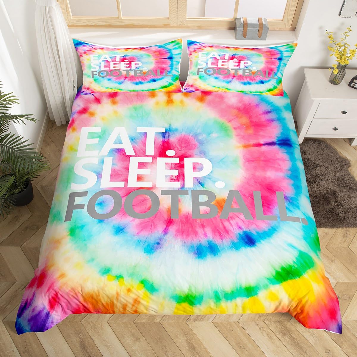 Homemissing Football Duvet Cover Set Boho Trippy Tie Dye Bedding Set for Kids Boys Girls Rugby Sports Decor Comforter Cover Set Microfiber Pink Blue Bedspread Cover Bedroom Bedclothes Double