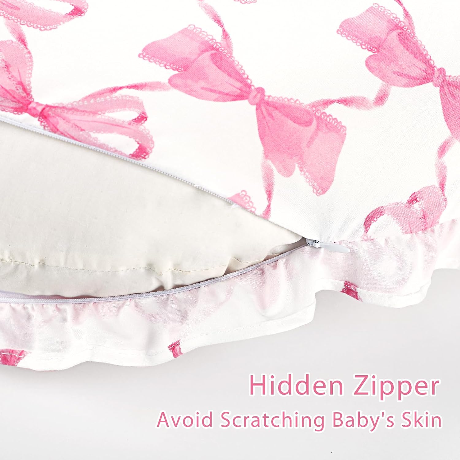 Ruffle Nursing Pillow Cover, Removable Stetchy Case for Breastfeeding Pillows, Ultra Soft and Breathable Feeding Pillow Slipcover with Modern Design Lace for Infant Girls Boys, Pink Bow