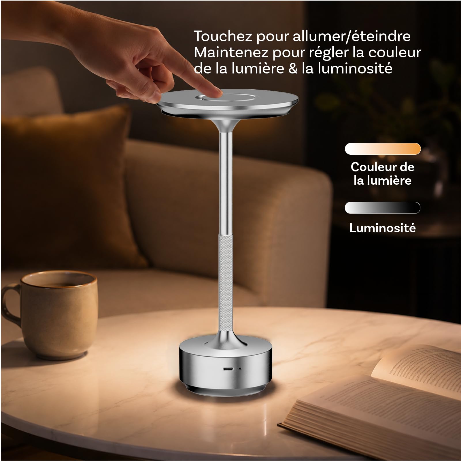 MMOBIEL Lampe de Table Sans Fil LED Tactile Rechargeable Métal, 3 Températures de Couleur à Intensité Variable, Batterie 5200mAh, USB-C pour Chambre, Bar, Terrasse, Intérieur/Extérieur – Argent