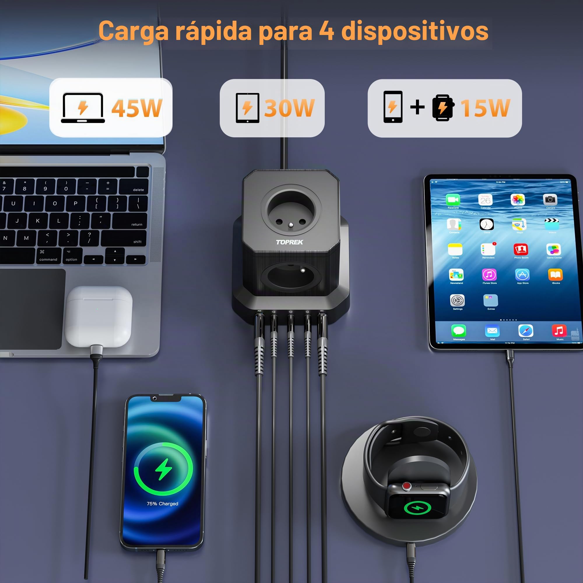 TOPREK Regleta Enchufe de 100W PD3.0 USB-C en Forma de Cubo, Cable alargador de 5 vías (16A/4000W) con Enchufe múltiple y Seguridad para niños, Cable alargador de 2m, Torre de alimentación FR