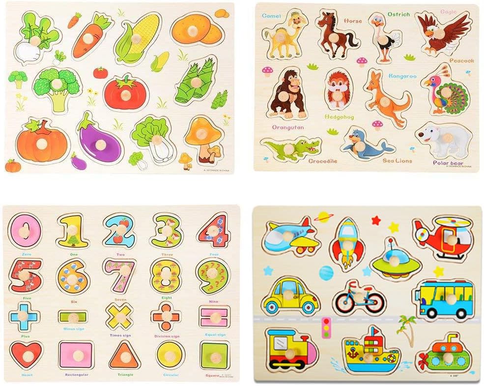 ThinkMax 4 Pcs Wooden Peg Puzzles for Toddlers 3 Years Old