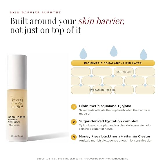 Hey Honey Good Morning Honey Silk Face Serum Skin Barrier Vitamin C & Hyaluronic Acid Serum with Biomimetic Squalane Glow, Long-Lasting Hydration & Makeup Primer for Sensitive Skin 1 Fl Oz