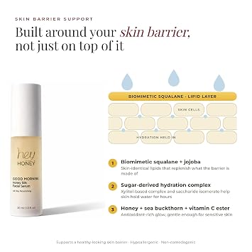 Hey Honey Good Morning Honey Silk Face Serum Skin Barrier Vitamin C & Hyaluronic Acid Serum with Biomimetic Squalane Glow, Long-Lasting Hydration & Makeup Primer for Sensitive Skin 1 Fl Oz