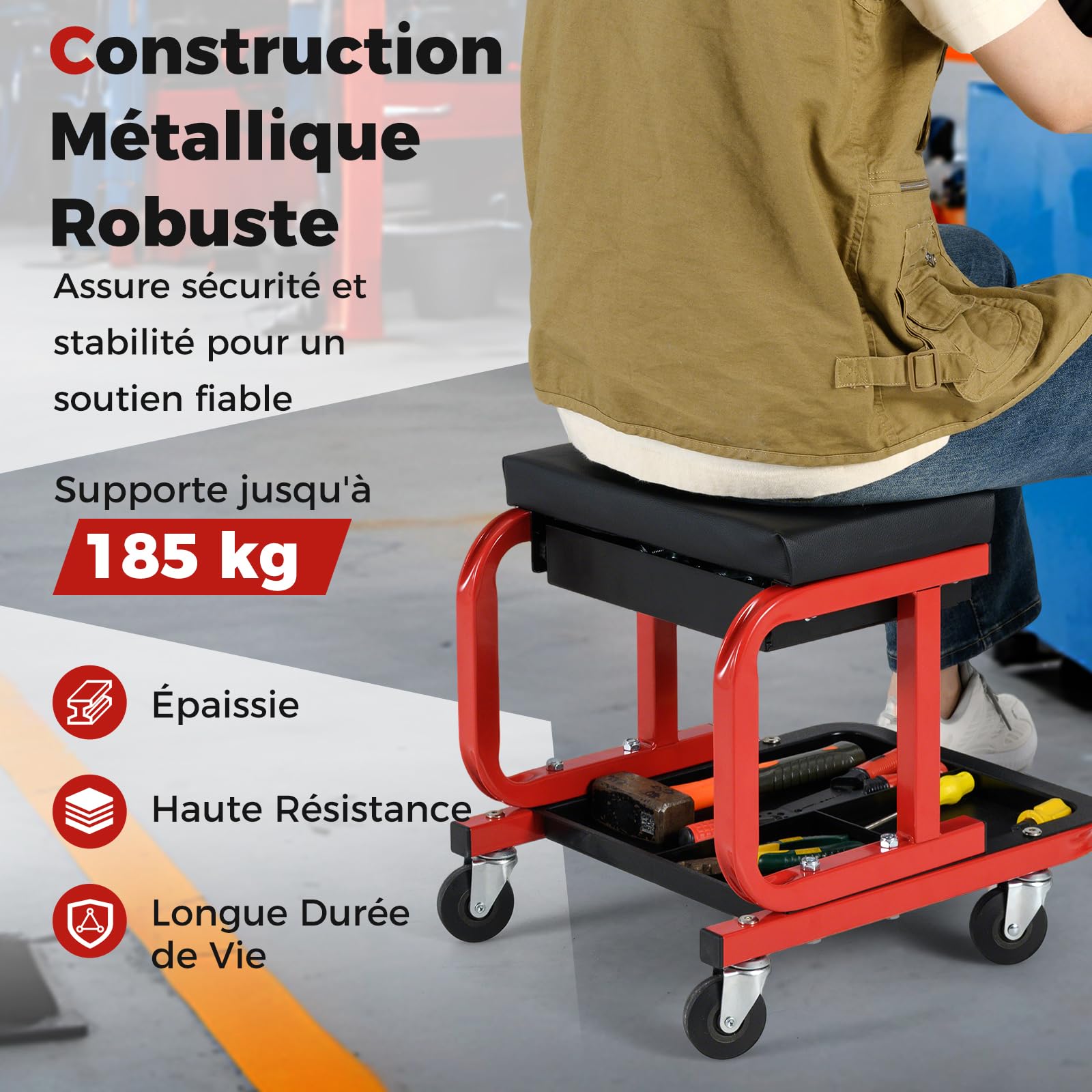 COSTWAY Tabouret d'Atelier avec Tiroir, Tabouret de Mécanicien Rembourré avec Plateau à Outils roulettes Universelles, pour Garage Jardinage Réparation Automobile, Charge 185 KG (Noir)