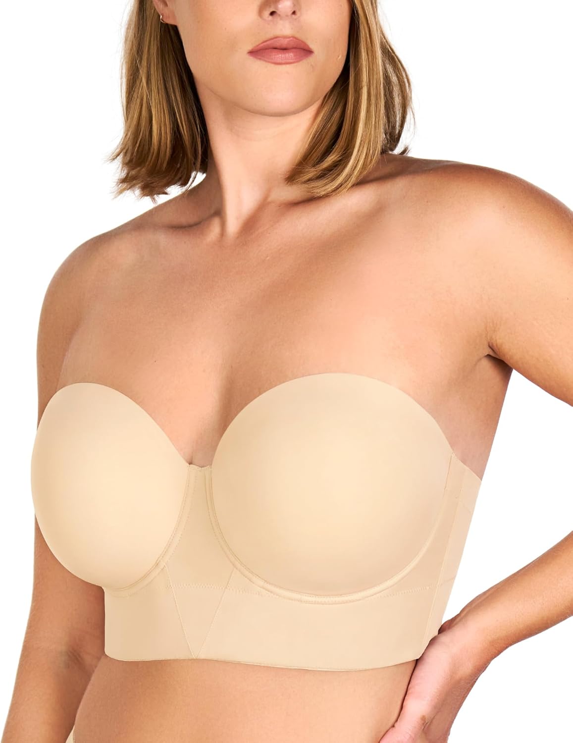 HSIA Strapless Bras for Women, Longline Bandeau for Large Bust Plus Size Supportive Corset Non Slip Convertible Bustier, Beige 38D - Image 2