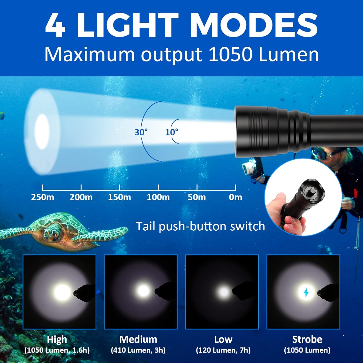 ND51 2500 Lumens Super Bright Dive Light with 4 Modes, Scuba Diving Torch with Button, IP68 Waterproof Professional Submersible Flashlight for Underwater Exploration