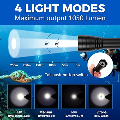 Miniatura 8 de Odepro ND51 - Luces de buceo superbrillantes de 2500 lúmenes, 4 modos, antorcha de buceo con interruptor lateral, linterna sumergible impermeable