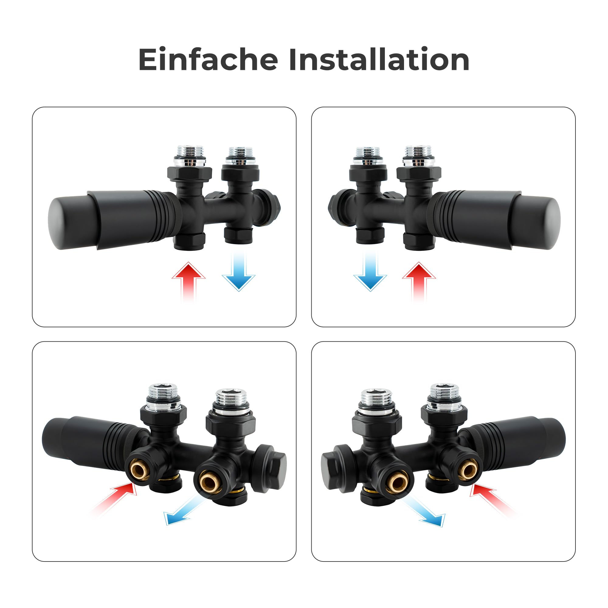 VANCOCO Schwarz Multiblock mit Thermostat, 50mm Nabenabstand Hahnblock, Ventil-Armaturen Set Eck- & Durchgangsform, Heizkörper & Badheizkörper, Eurokonus