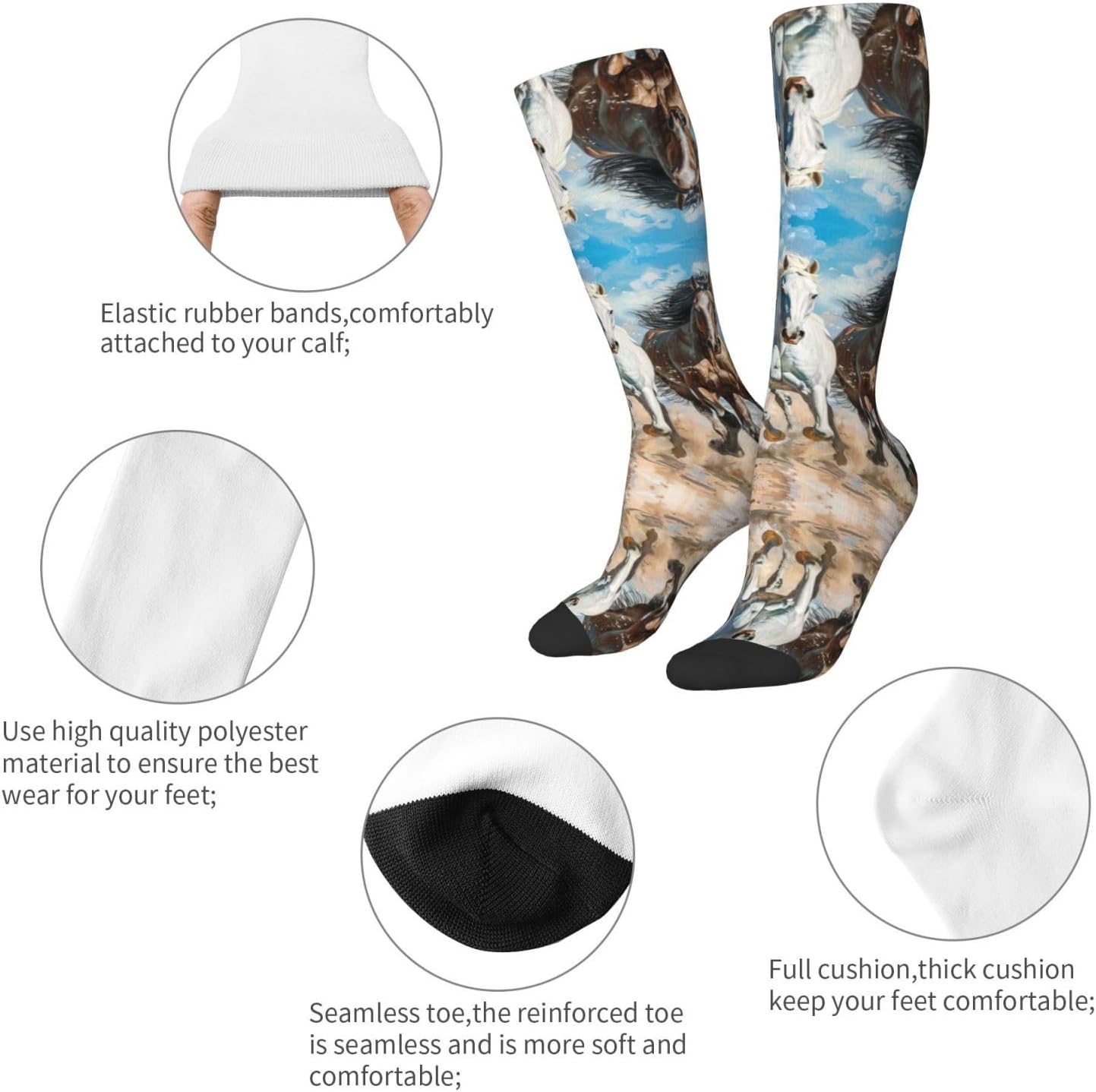 Horses Running Art Print Breathable Crew Neck Athletic High Socks,Suitable For Sports,Running,And Travel.