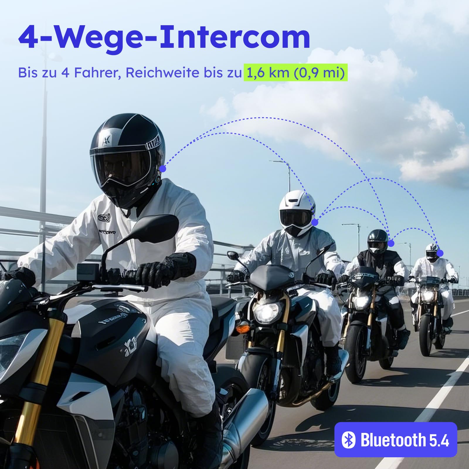 D10 Motorrad Bluetooth Headset, 4-Fahrer Motorrad Intercom bis 2000 m, Bluetooth 5.4 Helm Kommunikationssystem mit universeller Kopplung, FM Radio, IPX7 wasserdicht, Doppelpack