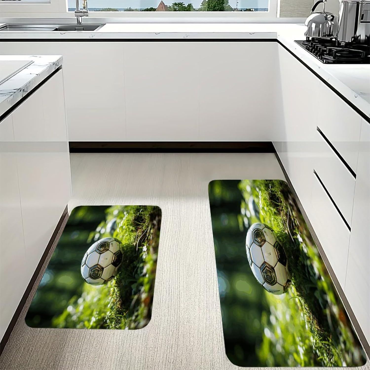Football on The Grass Kitchen Mats with 2PCS Non-Slip Washable,Kitchen Rug Heavy Duty Durable, Floor Mats for Kitchen,Office,Sink,Laundry