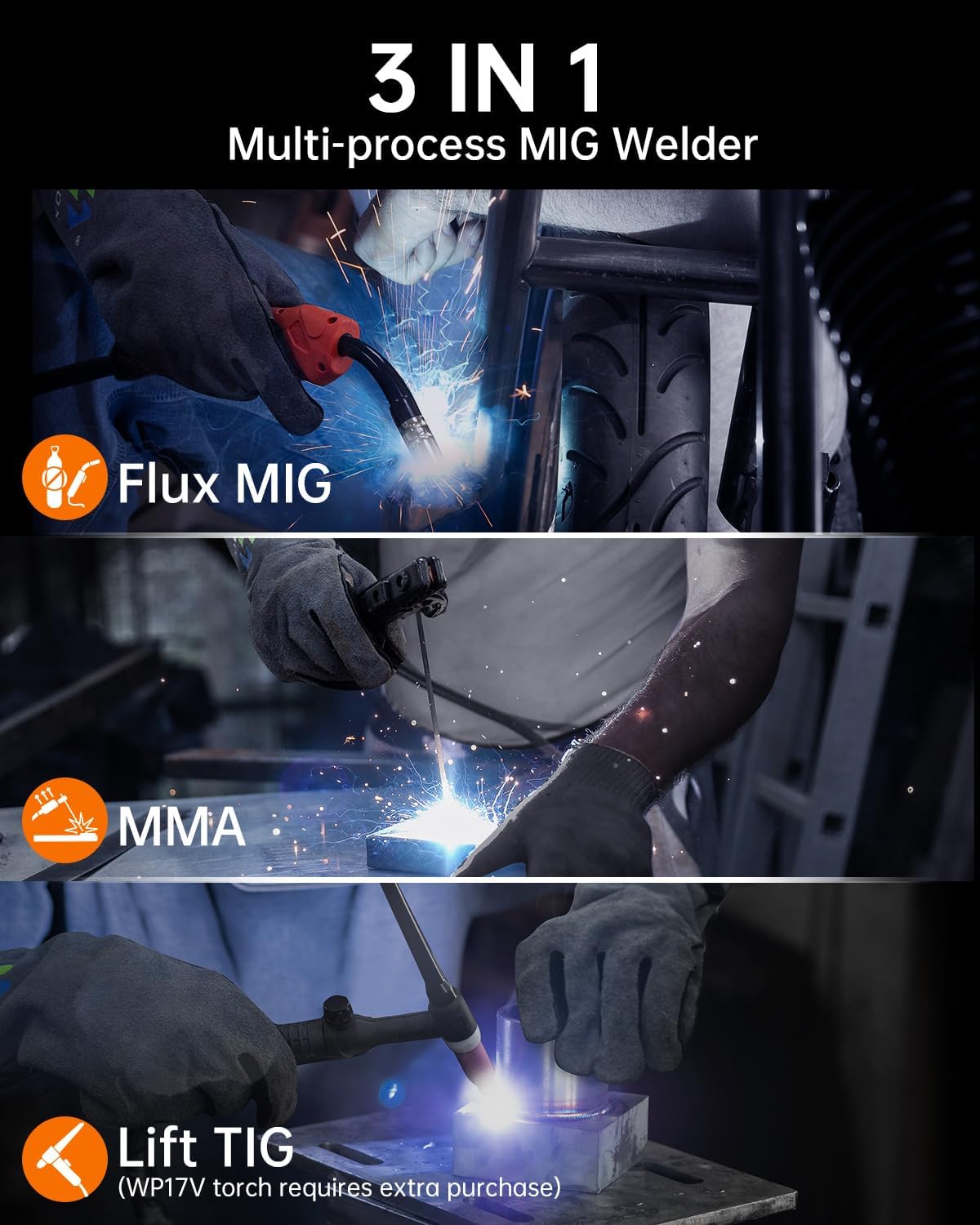 Illustration of Flux MIG, MMA, and Lift TIG welding processes