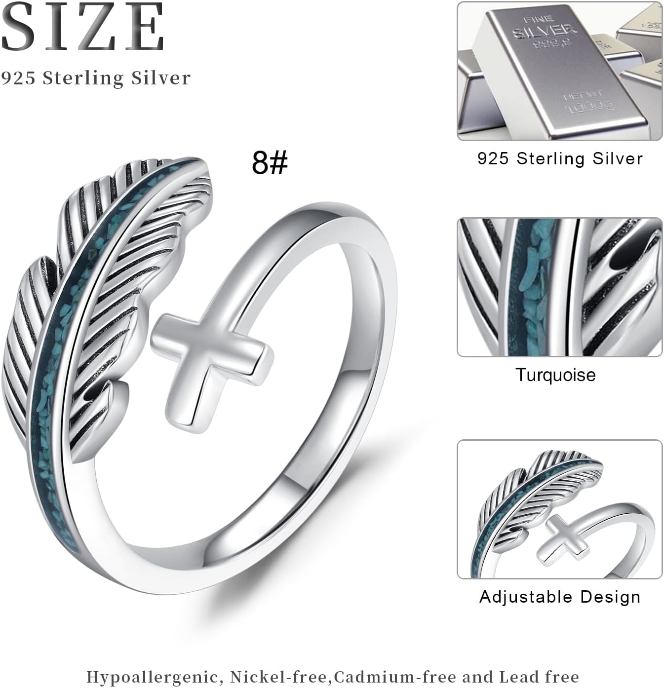 Turquoise/Moss Agate/Moonstone/Black Onyx/Lapis Lazuli/Labradorite/Tiger Eye Feather Ring 925 Sterling Silver Adjustable Ring Western Thumb Rings Vintage Jewelry Gifts for Women - Image 5