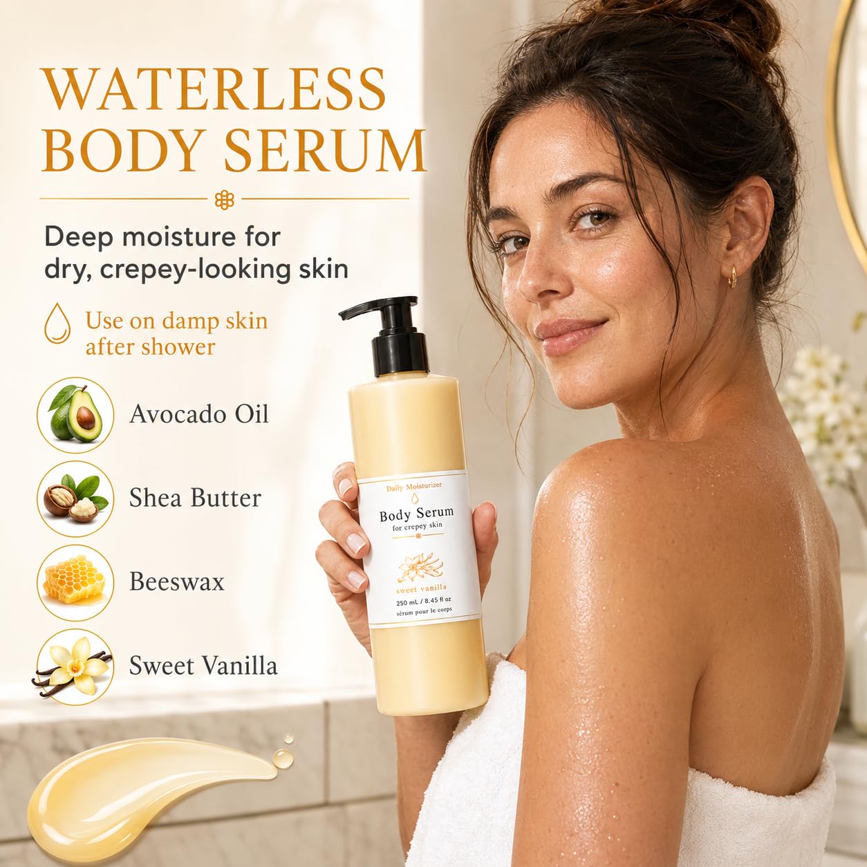 Bees Body Serum for Crepey Skin, Waterless Wet Skin Body Oil with Avocado Oil, Castor Oil, Coconut Oil, Shea Butter & Beeswax, After Shower Body Moisturizer, Sweet Vanilla, 8 fl oz