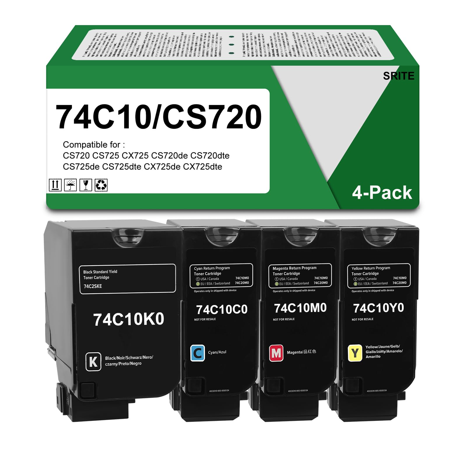 SRITE CS720 CS725 Toner Cartridge 74C10K0 74C10C0 74C10M0 74C10Y0,4-Pack