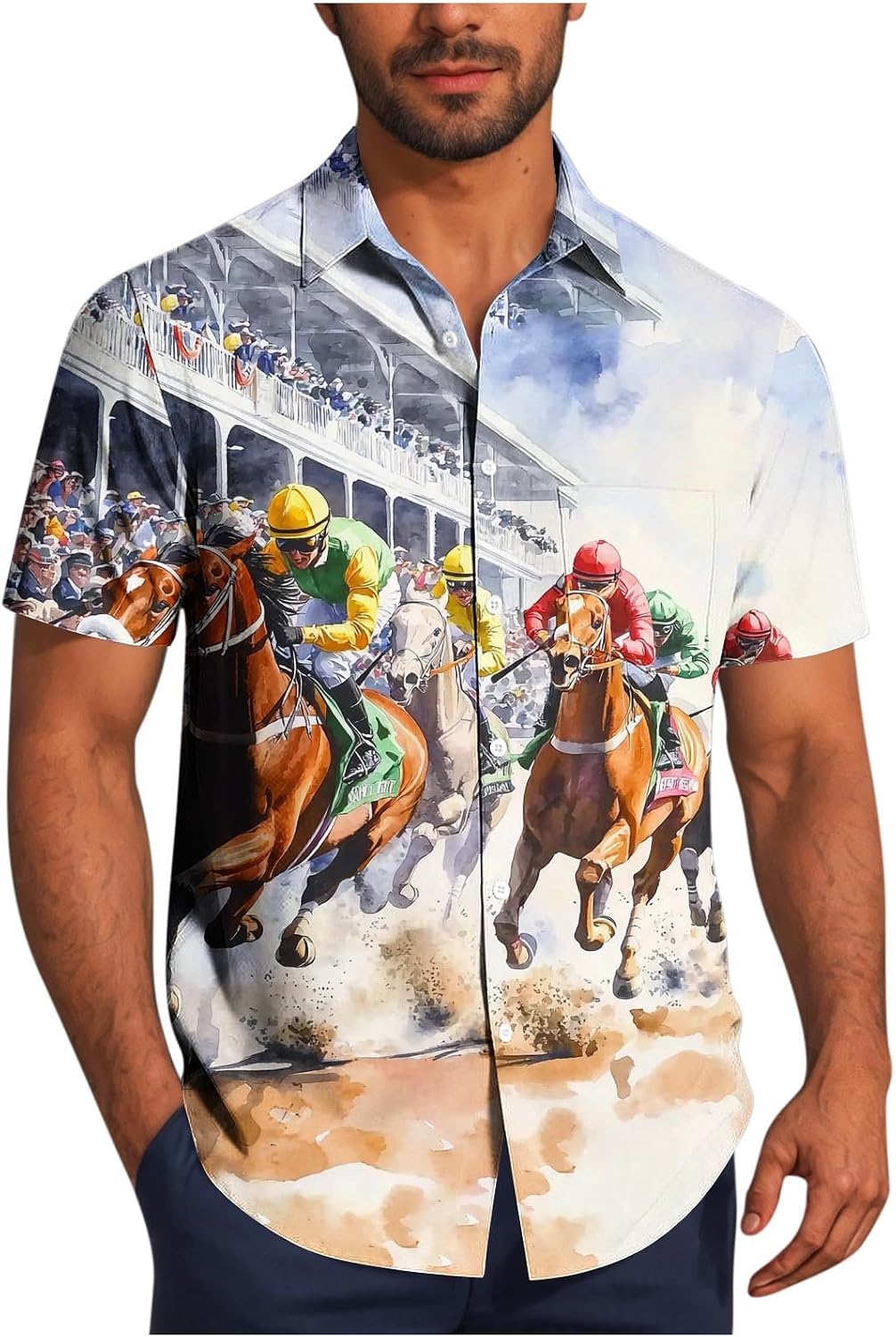 Horse Racing Shirt for Men Hawaiian 3D Graphic Funny Button Down Short Sleeve Tropical Beach Vacation Shirts