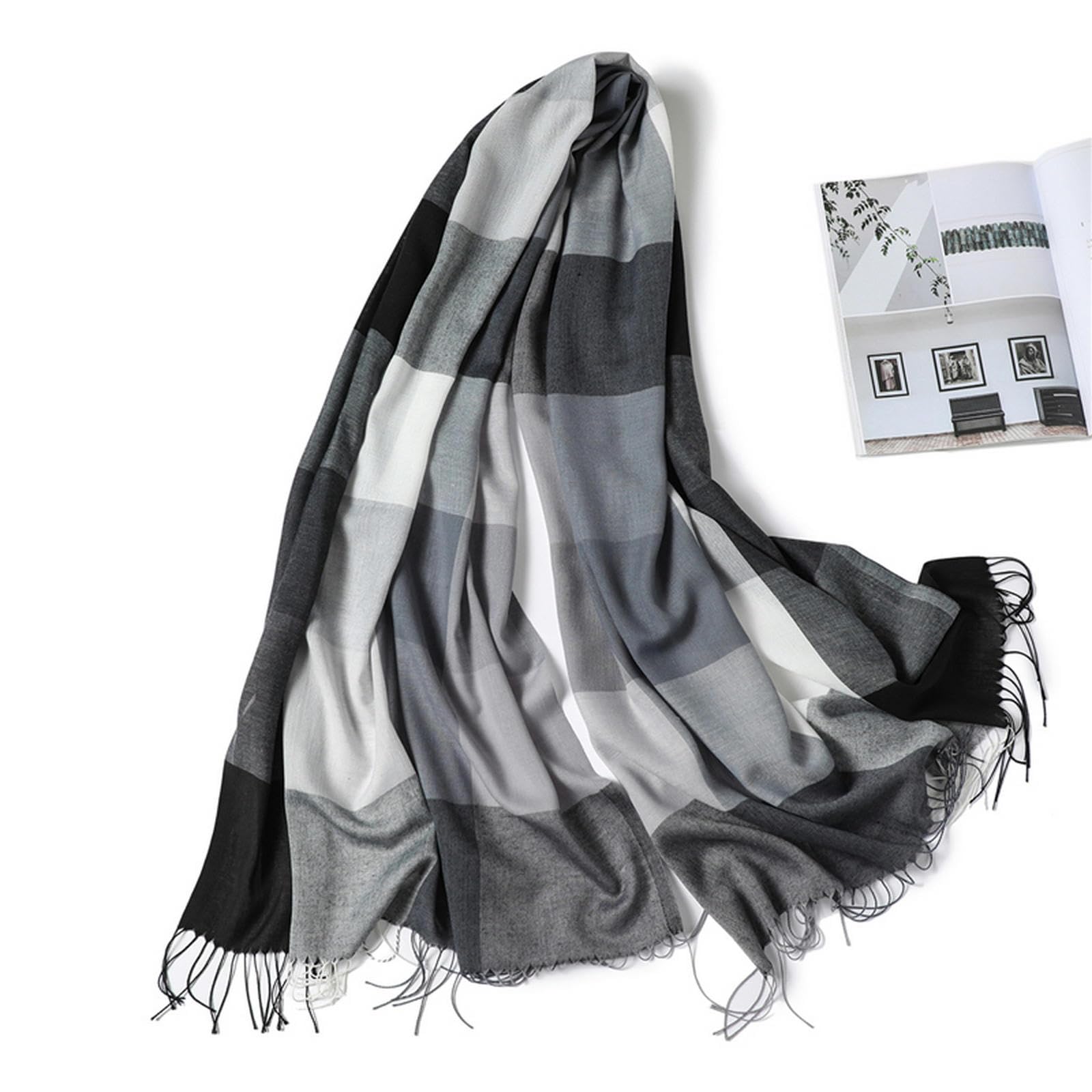 Damenschal Eleganter karierter Damenschal – Warmer Schal aus Kaschmirimitat mit Quasten-Detail (WT1A4 200 x 70 cm)