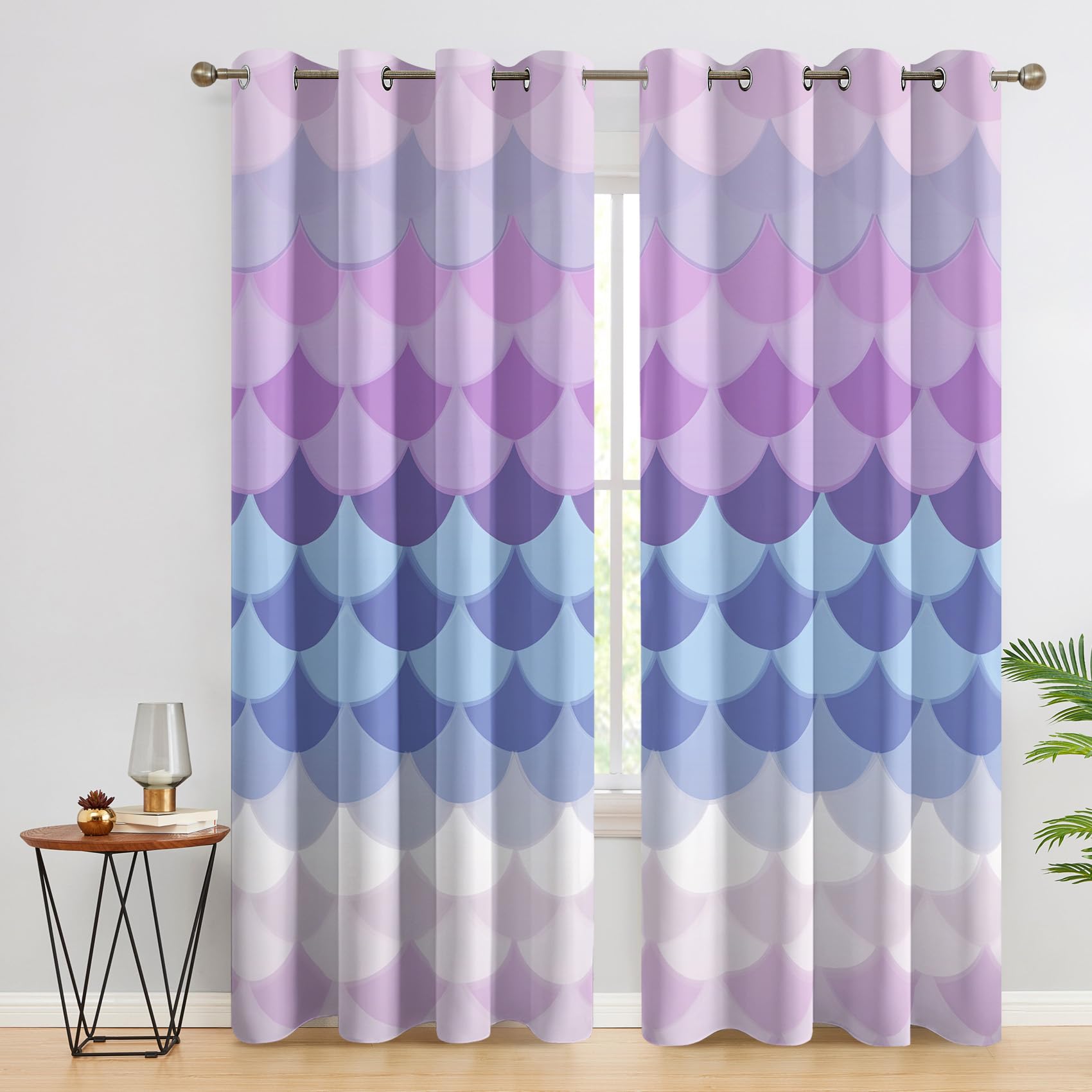 Purple Gradient Blackout Curtains, Ombre Fish Scale Curtains for bedroom, Living Room, Thermal Insulated Noise Reduction Eyelet Drapes, 72 Inch 2 Panels Set, (W66 x L72) iK36