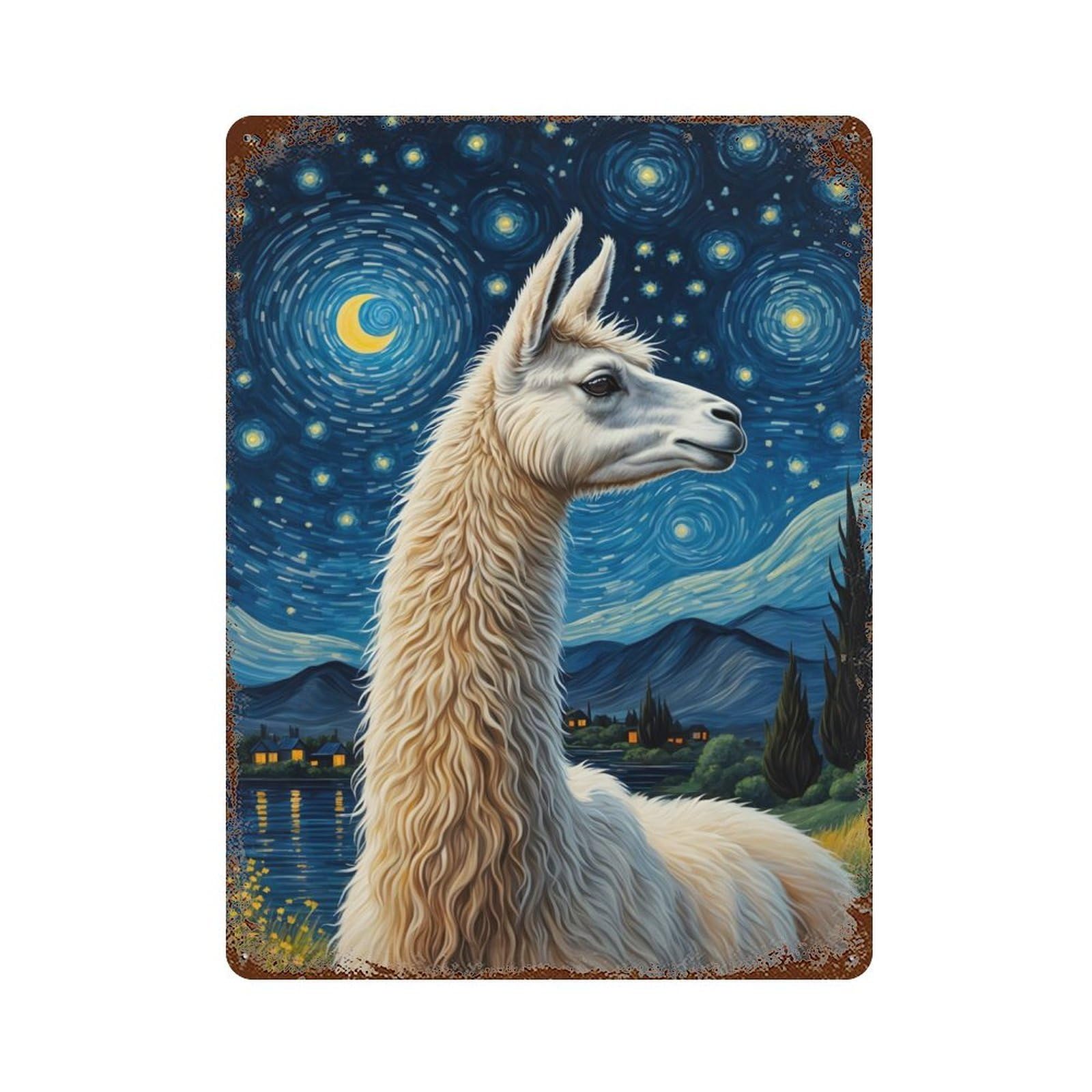 Rust Effect Tin Sign Llama Starry Night 15.7"x11.8", Vintage Wall Decor for Living Room, Hallway And Home Decor