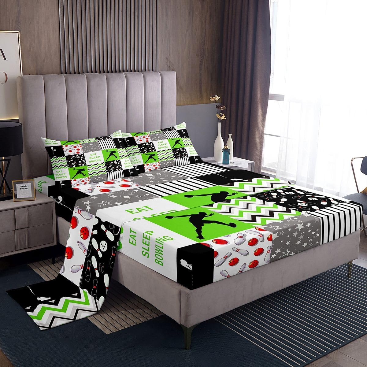 Bowling Sheet Set Ball Games Bedroom Decor, Eat Sleep Bowling Player Fitted Sheet Queen, Geometric Checkered Patchwork Bed Sheets Soprts Game Top Sheet 4 Pieces With 2 Pillow Cases, Green Black Grey