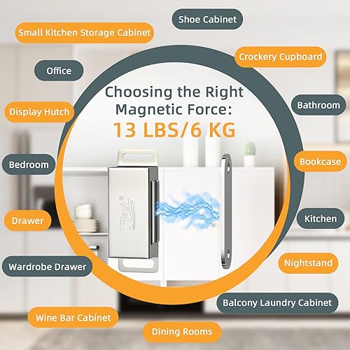 Miniatura 4 de Jiayi - Juego de 6 cierres magnéticos para puertas de gabinete de cocina, cierres magnéticos de acero inoxidable para cajones, cierres magnéticos