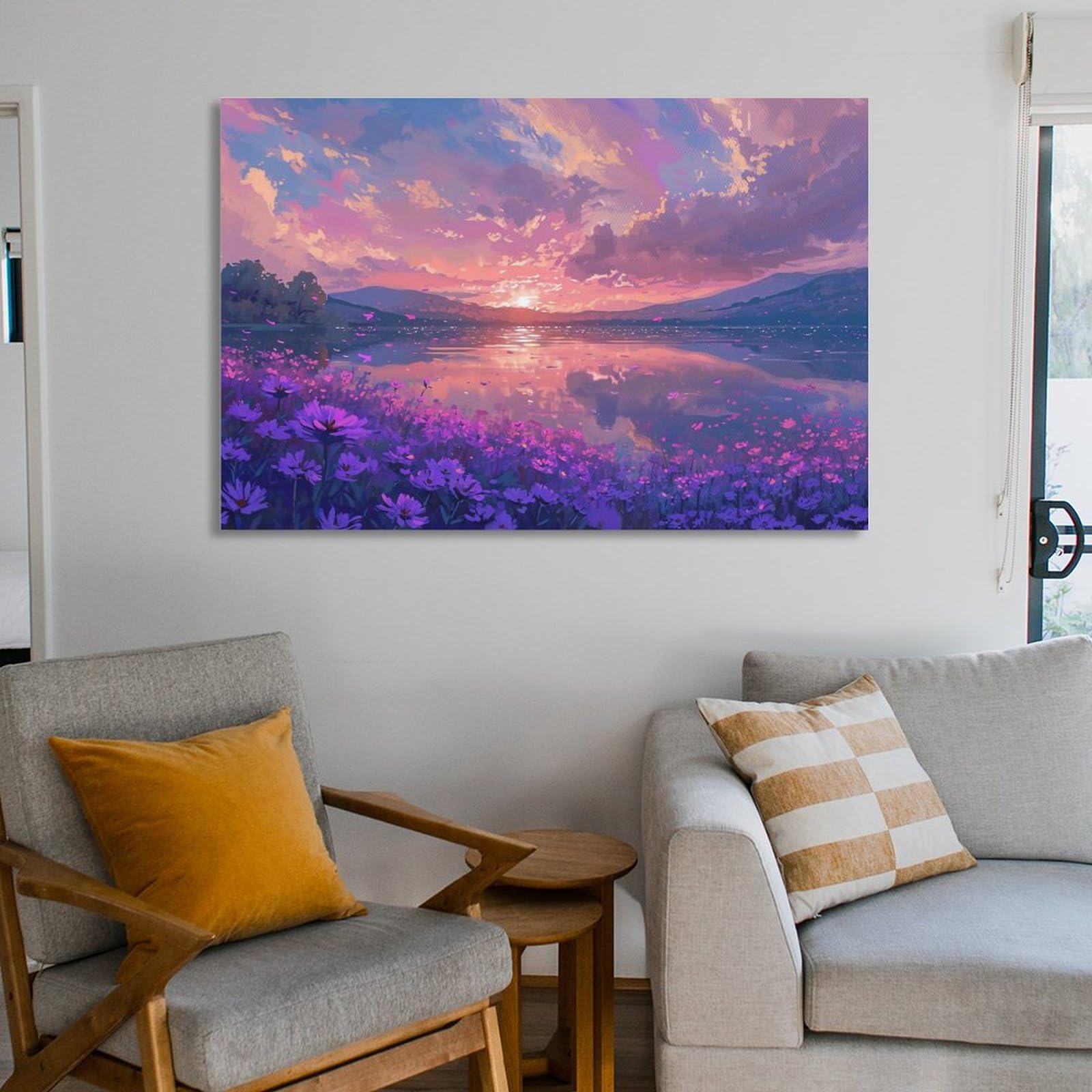 Amazon.co.jp: 絵画 ピンクの空と紫の花インテリア 絵画 魅力的な色の