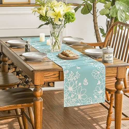 Miniatura 4 de Artoid Mode Camino de mesa de primavera con diseño de flores azules y mariposas, decoración de mesa de comedor de cocina para fiestas en el hogar,
