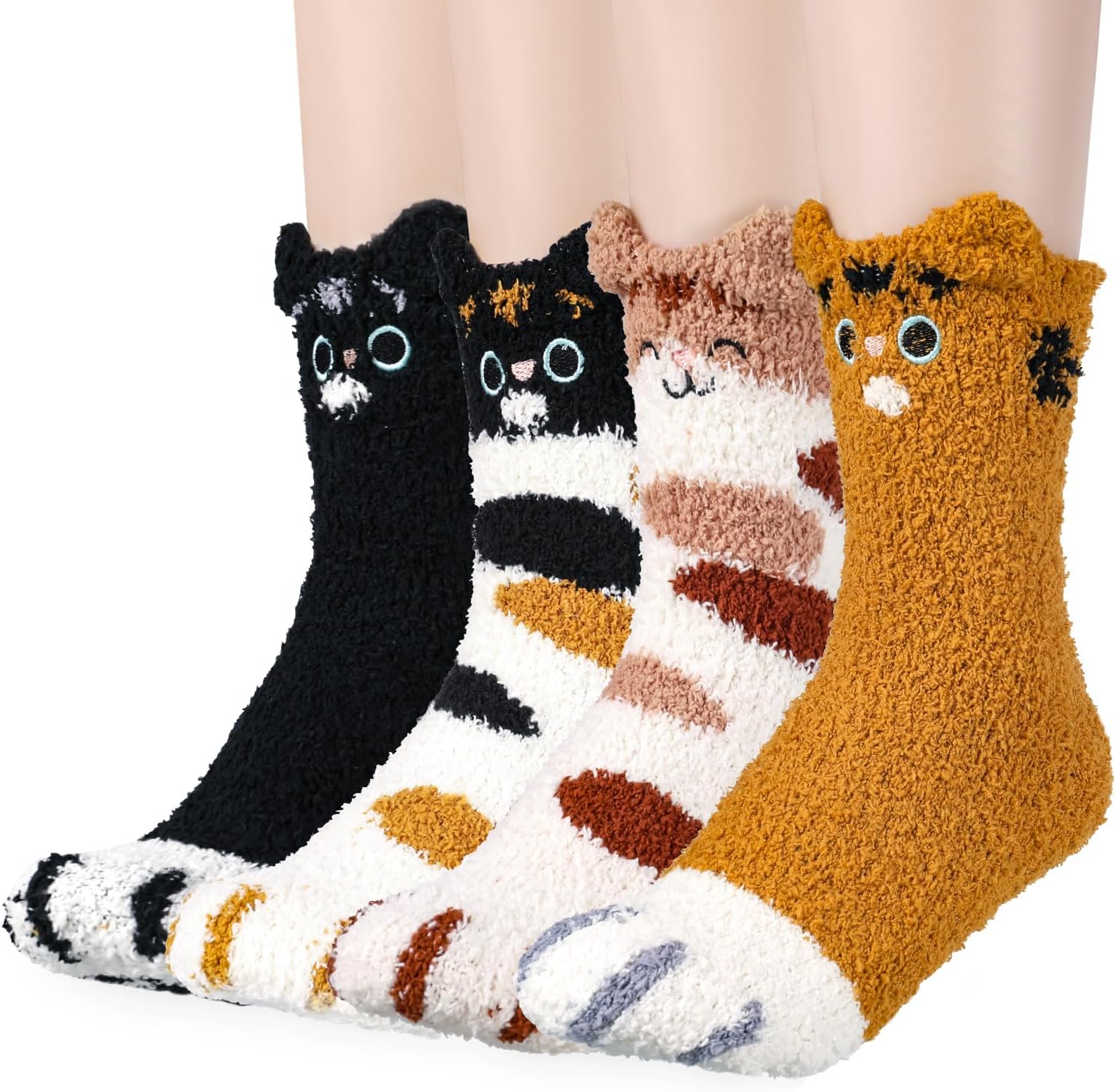 4 Pairs Fluffy Cat Socks for Women and Girls, Cat Paw Pattern Socks Winter Warm Animal Bed Socks Soft Fuzzy Slipper Socks Cozy Cute Fluffy Socks