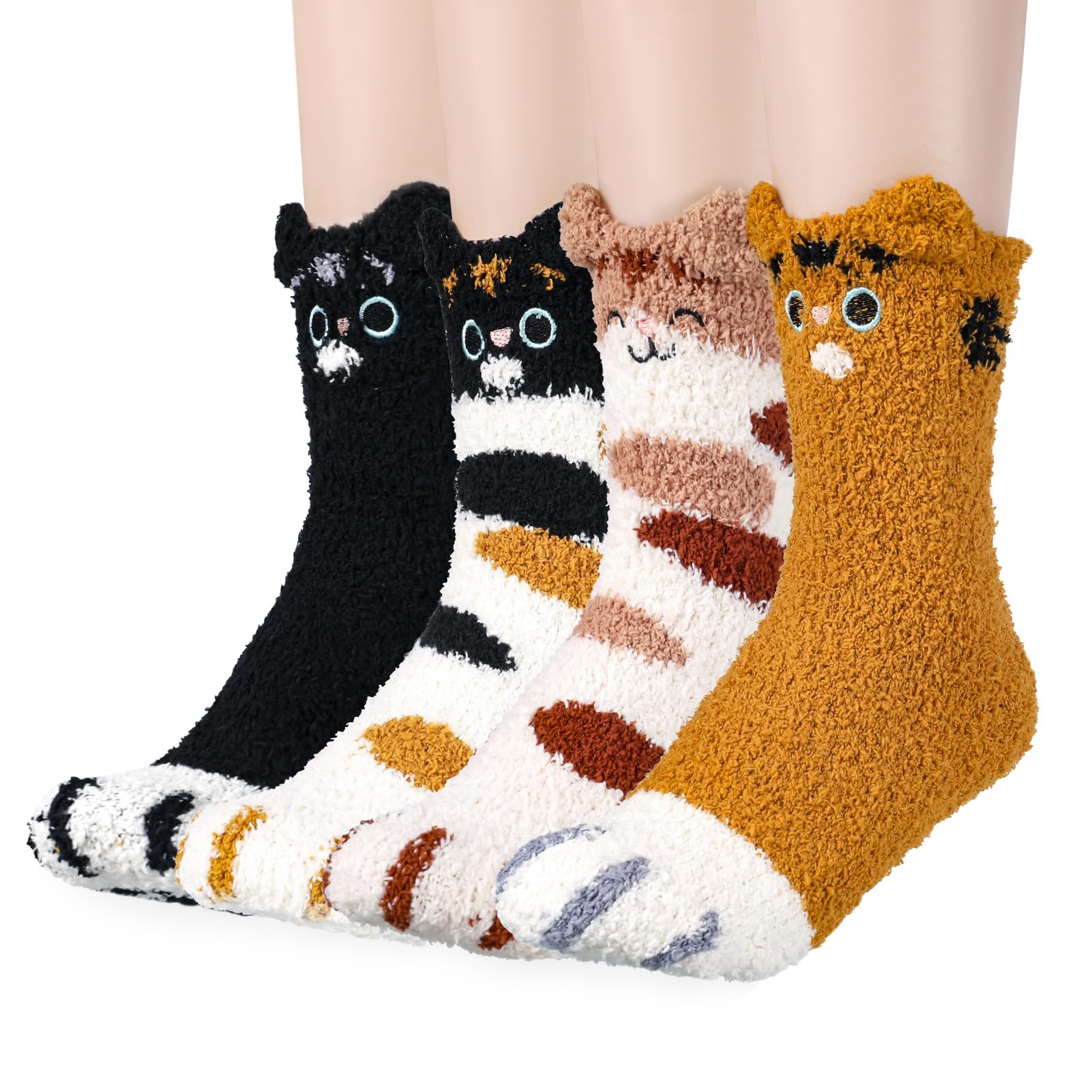 4 Pairs Fluffy Cat Socks for Women and Girls, Cat Paw Pattern Socks Winter Warm Animal Bed Socks Soft Fuzzy Slipper Socks Cozy Cute Fluffy Socks