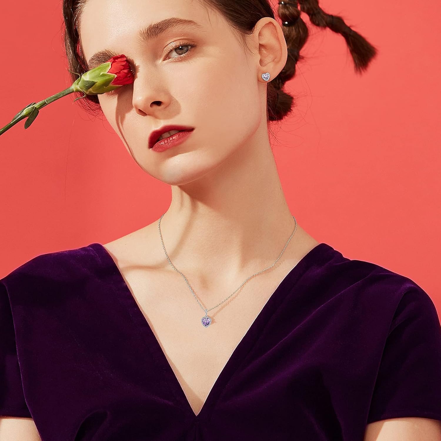 Bestyle Sparkling 925 Sterling Silver Birthstone Necklaces for Women, Created Heart/Round/Teardrop/Square Crystal Solitaire Pendant Diamond Necklace, Great Birthday/Anniversary/Wedding Gifts - Image 3