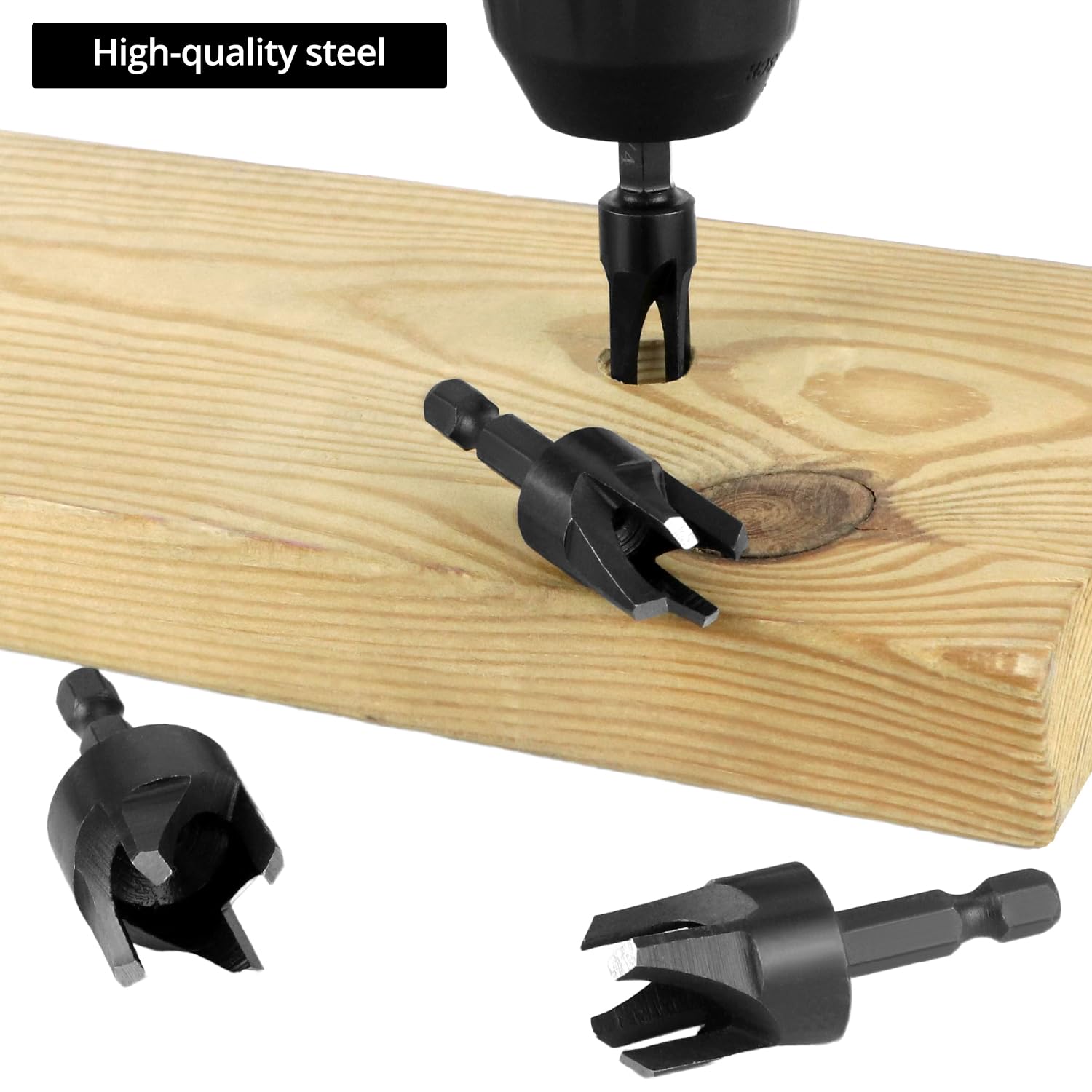QWORK Wood Plug Cutter Drill Bit Set, 8Pcs, Includes 1/4", 5/16", 3/8", 1/2" Sizes, 1/4 Inch Hex Shank — Amazon image 5