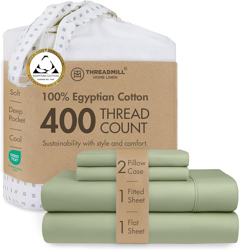 Threadmill 400TC Egyptian Cotton Queen Sheet Set, Sateen, Sage Green | 100% Egyptian Cotton, Sateen Weave, 4-Piece Set, 16" Deep Pocket, Cooling, Pill-Resistant, OEKO-TEX Certified