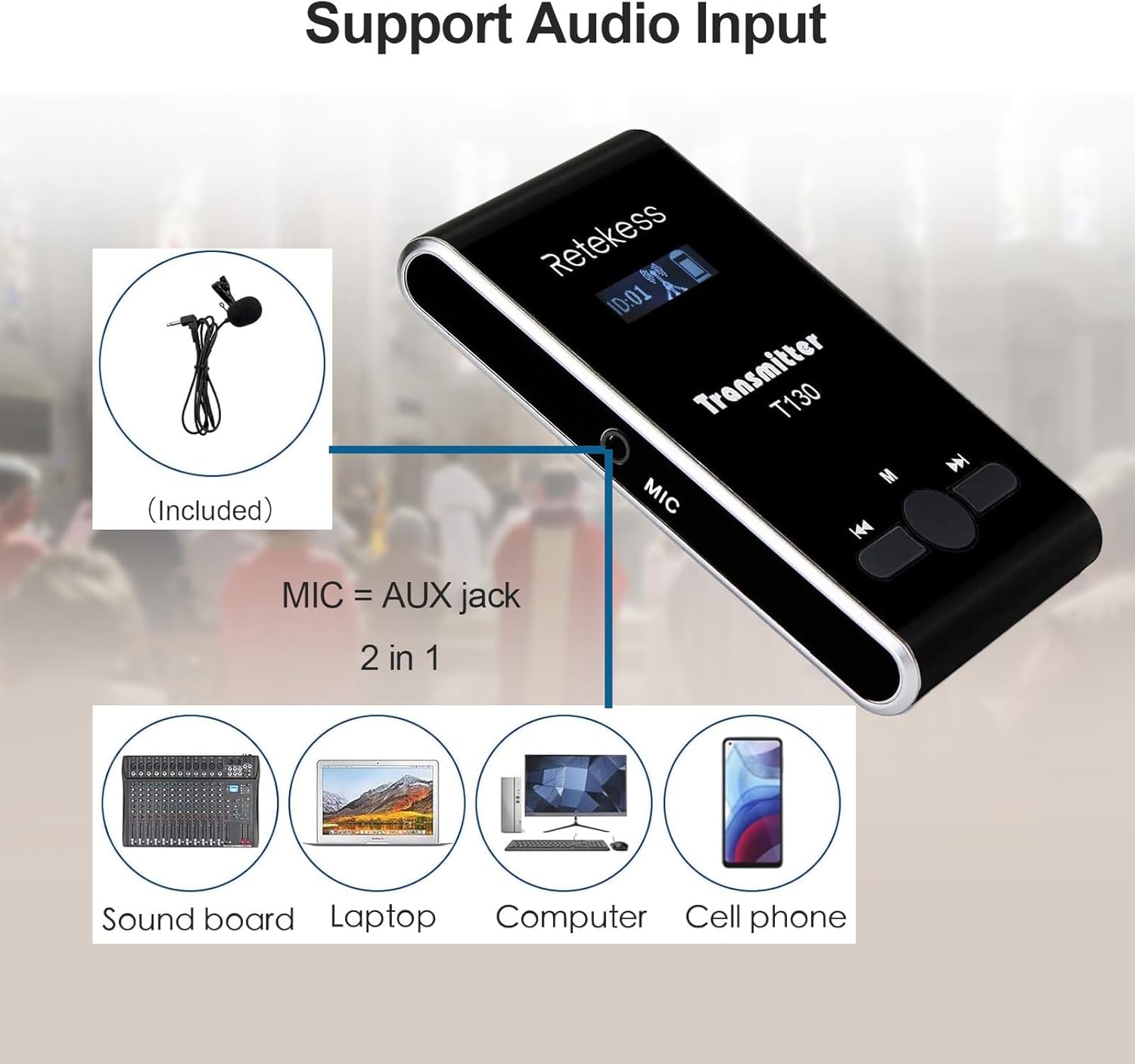 Retekess T130 Wireless Tour Guide Transmitter,Lavalier Microphone,99 Channel,Church Translation Transmitter for Interpretation Training Court